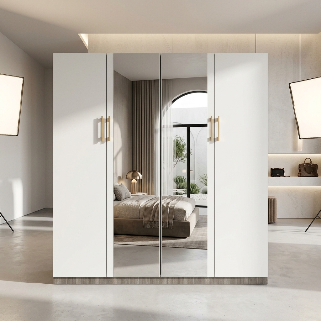 Kombera 4-Door 2-Piece Mirrored Wardrobe in White & Gold