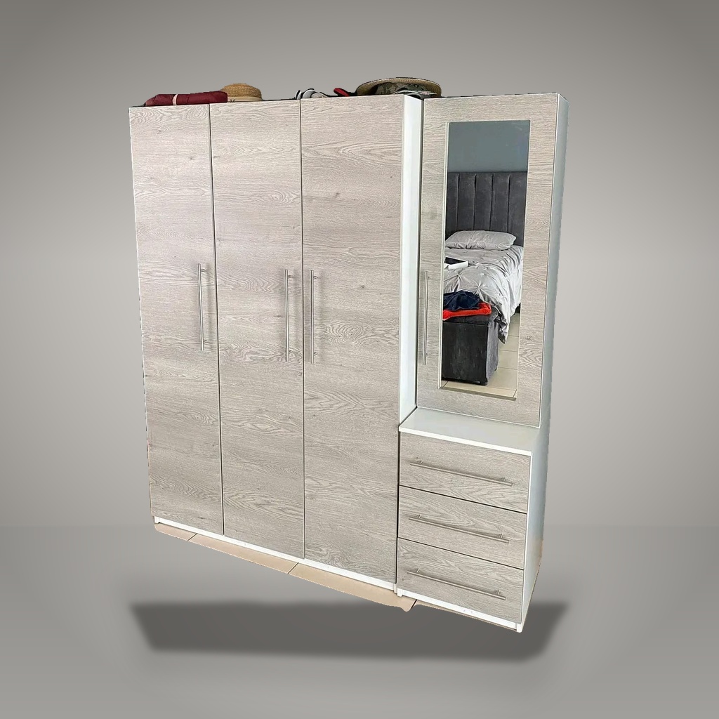 Kombera 3-Door Washed Oak Wardrobe with Integrated Vanity & Mirror