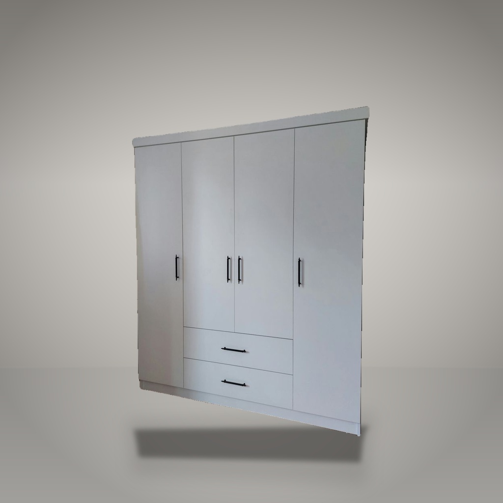 Kombera 4-Door White Wardrobe with 2 Center Drawers & Black Hardware