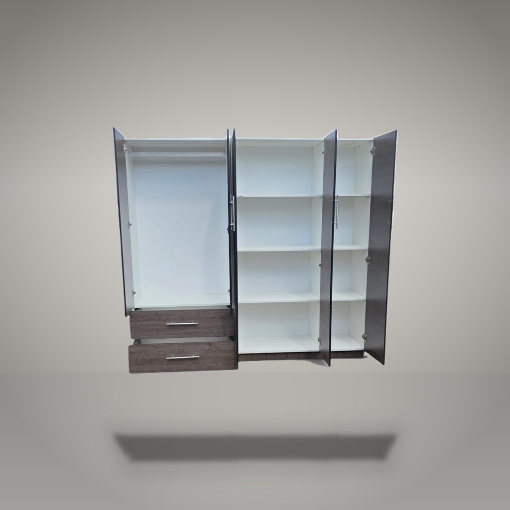 Kombera 5-Door Charcoal Melamine Wardrobe (Open Interior View)