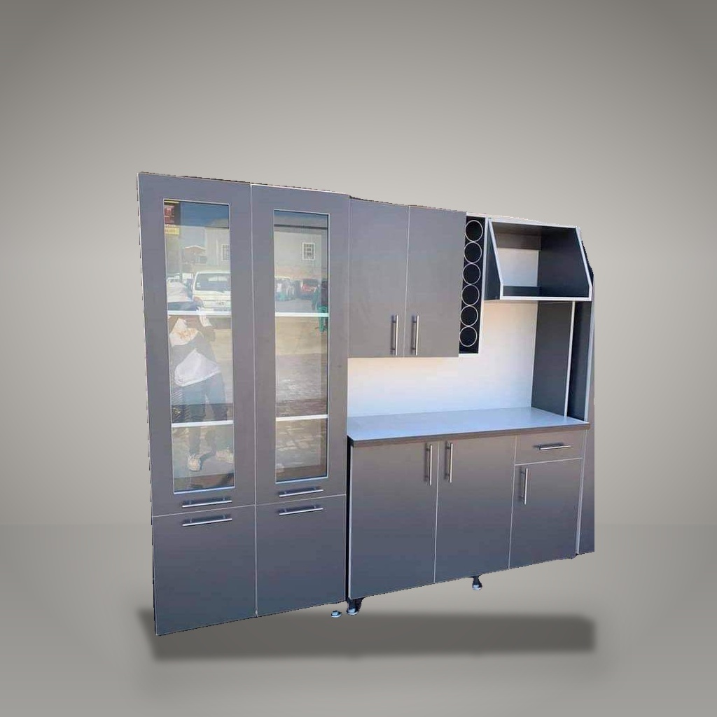 Kombera 5-Door Slate Grey Kitchen Combo with Glass Display & Wine Rack