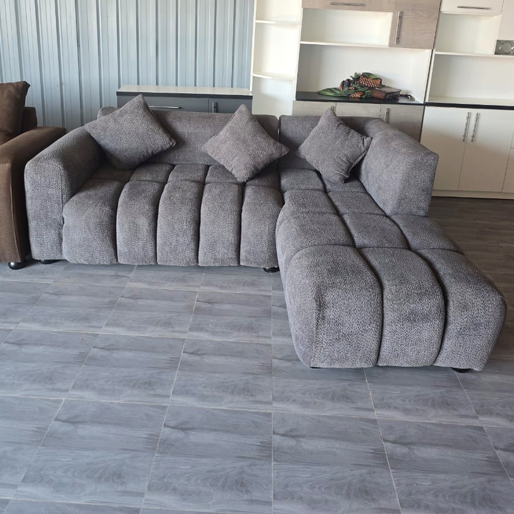 Kombera Channel-Tufted Ribbed Grey Bouclé Sectional Sofa